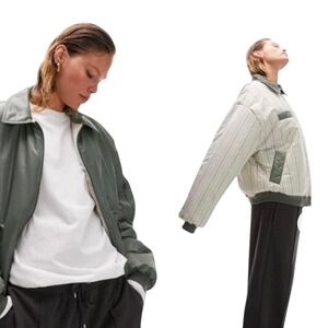 TOPSHOP | Reversible Oversized Women Bomber Jacket | Olive Green-Cream | XS 0-2